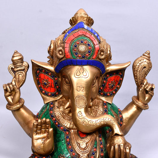 Ganesh Carved With Big Ears & Ring (12 In)