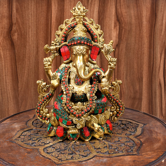 Brass Ring Work Ganesha Sitting On Lotus (10.5 In)