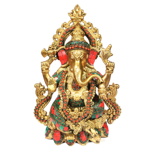 Brass Ring Work Ganesha Sitting On Lotus (10.5 In)