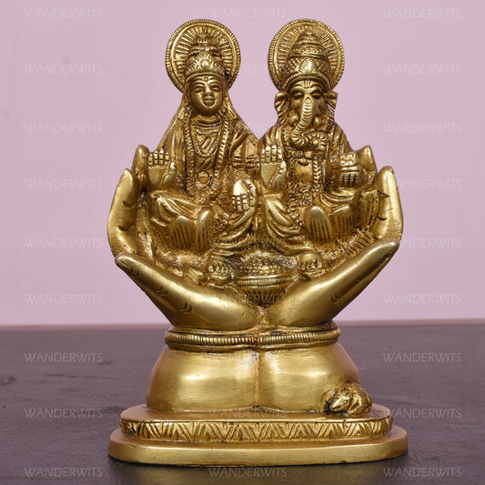 Laxmi Ganesh Sitting On Hand With Base (3.5 X 2 X 5.5 In)
