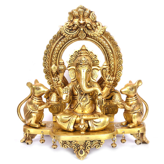 Ganesh Sitting With 2 Mouse On Designer Yelly Frame (11.5 X 4.5 X 11.75 In)