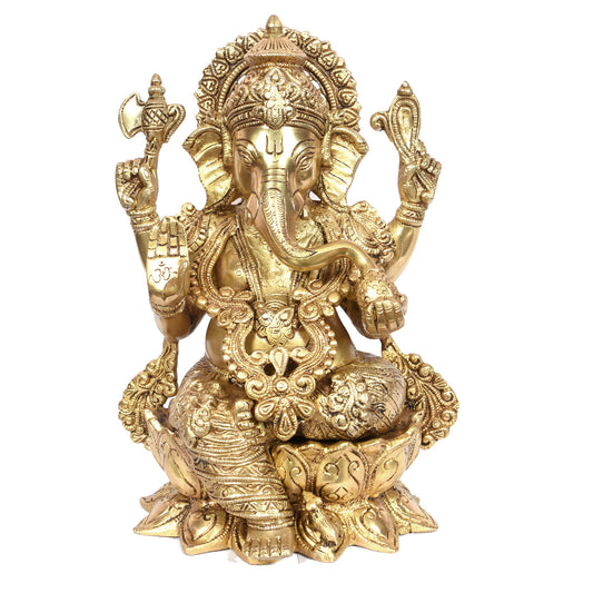 Ganesh with Jewelry Sitting on Lotus Base (12 In)