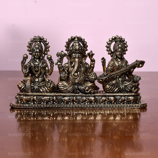 Ganesh Laxmi Saraswati Sitting On Elephant Carved Base (3 In)