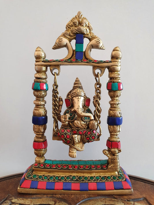 Ganesh Sitting on Swing with Stone Work (9 In)