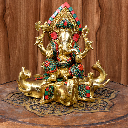 Brass Ring Work Ganesha Sitting On Elephant Head (9 In)