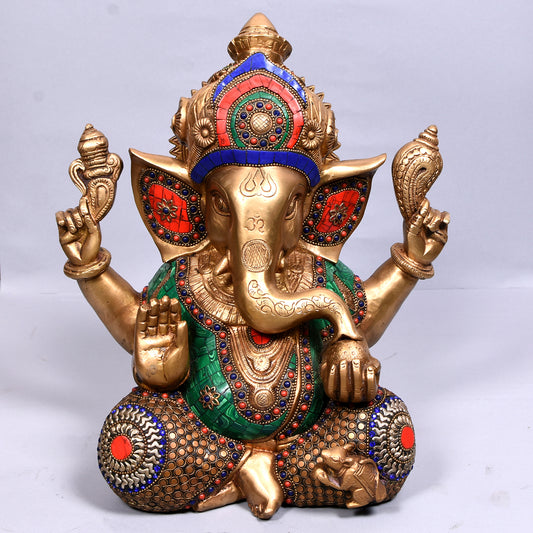 Ganesh Carved With Big Ears & Ring (12 In)