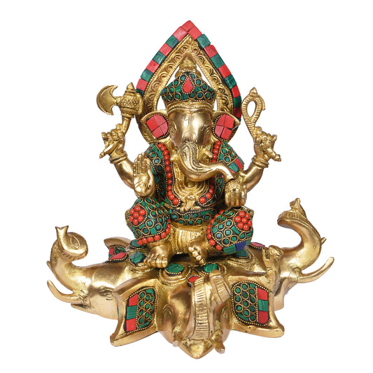 Brass Ring Work Ganesha Sitting On Elephant Head (9 In)