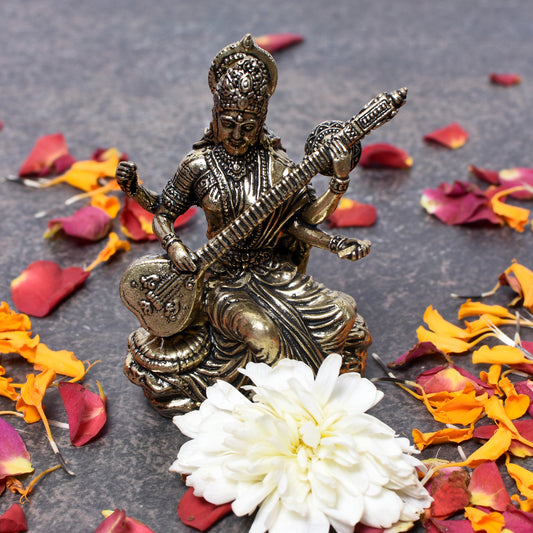 Saraswati On Rock Base With Sitar (3 In)