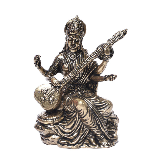 Saraswati On Rock Base With Sitar (3 In)