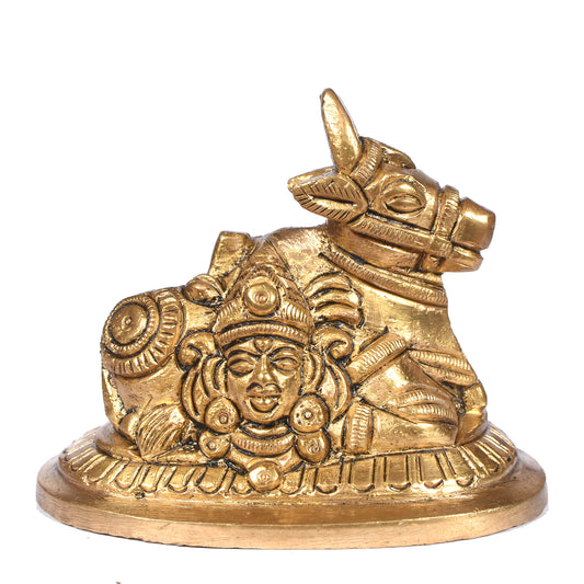 Brass White Gold Nandi Shiva Parwati Carving (2.5 In)