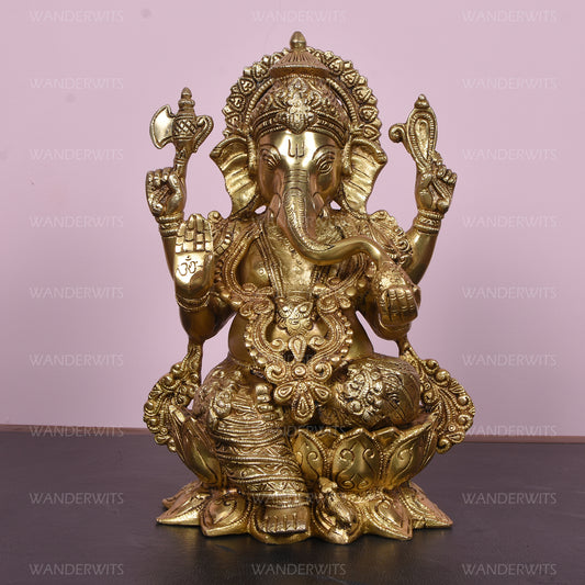 Ganesh with Jewelry Sitting on Lotus Base (12 In)