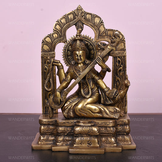 Saraswati Sitting On Lotus Hexagonal Base (10 In)