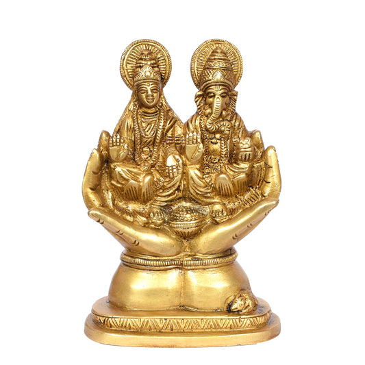 Laxmi Ganesh Sitting On Hand With Base (3.5 X 2 X 5.5 In)