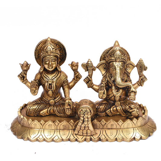 Laxmi Ganesha Sitting On Oval Lotus Base (10 X 6 In)