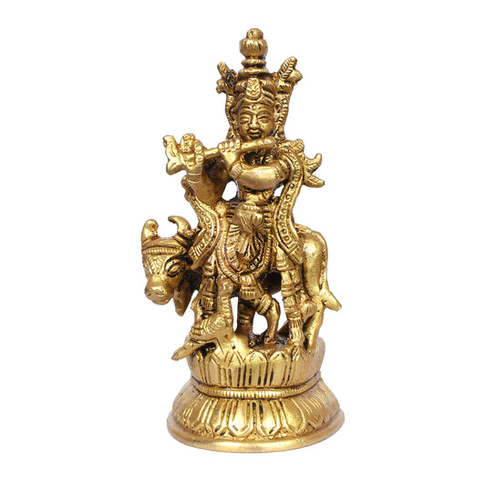 Krishna St. Carved With Cow On Lotus Base (10.5 Cm)