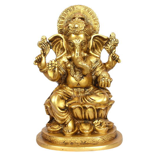 Ganesh Sitting On Half Rd. Base Carving On Sq. Base (8 In)