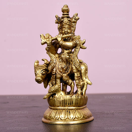 Krishna St. Carved With Cow On Lotus Base (10.5 Cm)
