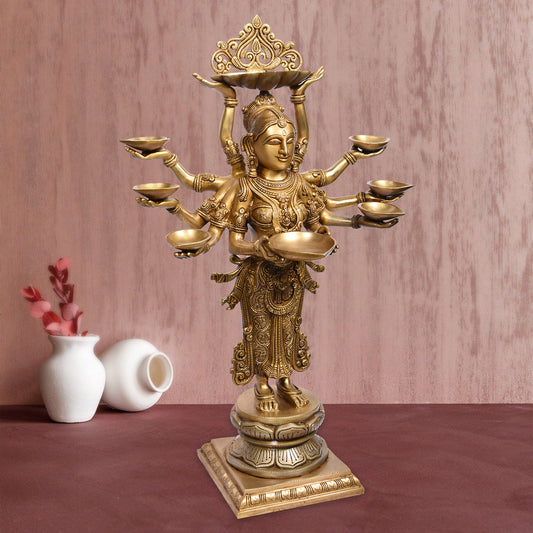 Deeplaxmi Standing With 10 Hands & 8 Deeva - Square Base (28 In)