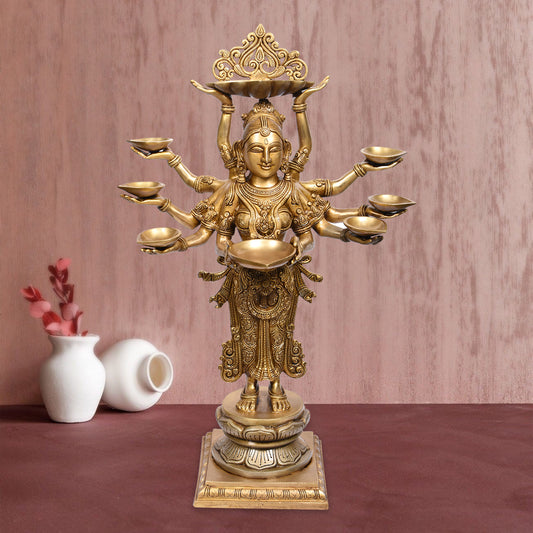 Deeplaxmi Standing With 10 Hands & 8 Deeva - Square Base (28 In)