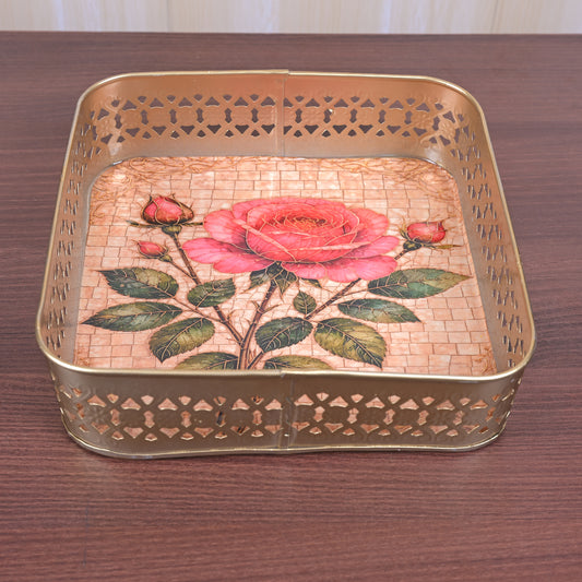 Metal Square Tray - Flower